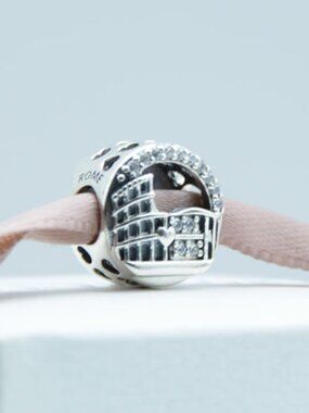 Rome Colosseum Openwork Charm Bead Pendant S925 Silver with box